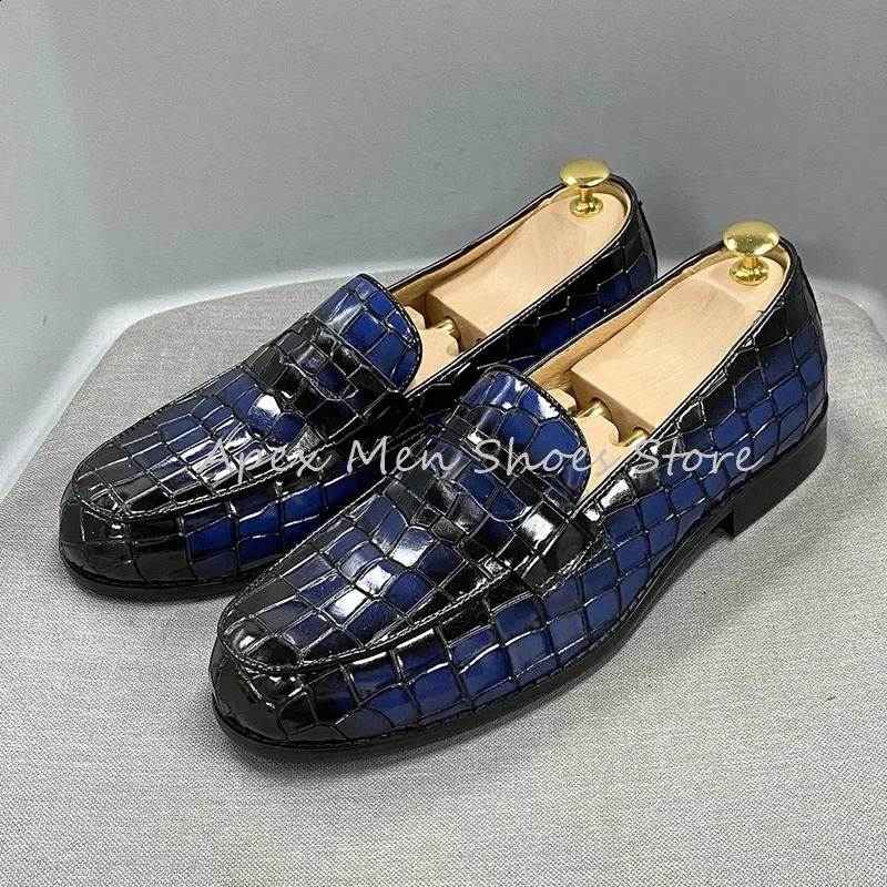 Vintage Pattern Cowhide Leather Loafers Blue Slip On Round Toe Dress Shoes Business Mens Casual Shiny Derby Shoes 250526