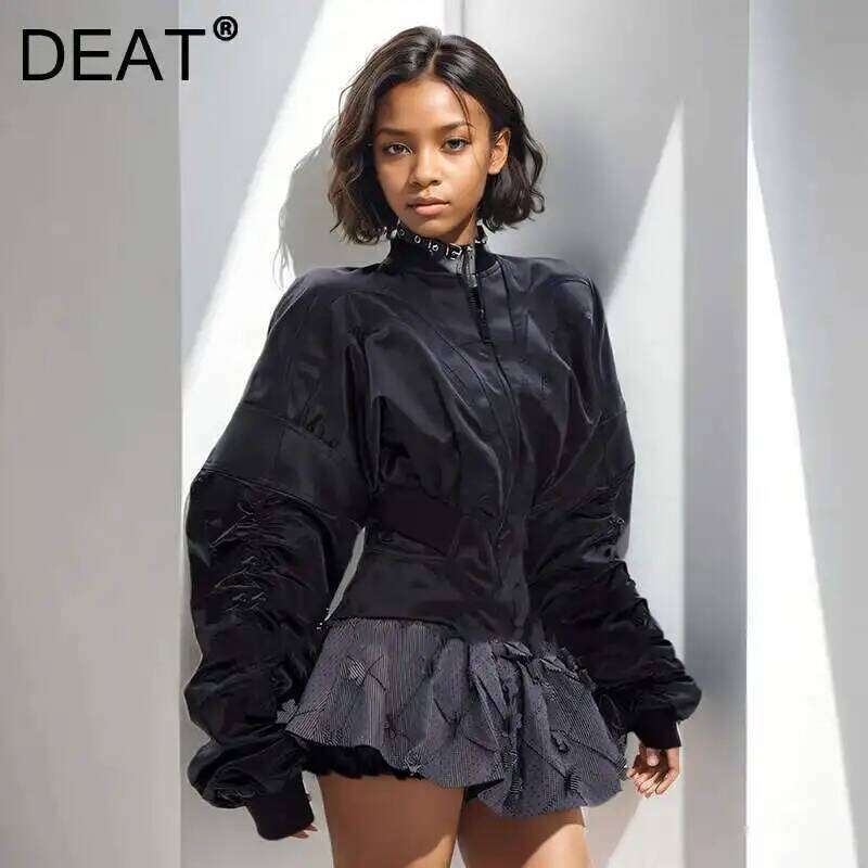 DEAT Fashion Women's Wrinkled Waist Slimming Zipper Leather Jacket Black O-neck Short Coat Trendy Female 11A02983