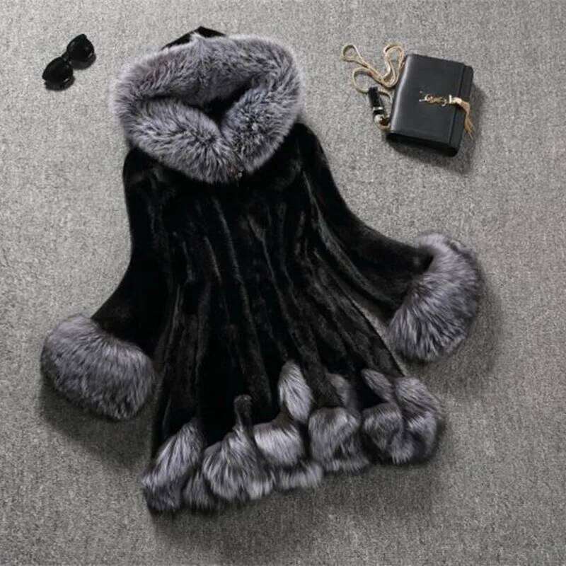 Wear Real Gorgeous Women's White Black Mink Winter Thick Hooded Jacket Long Sleeves Warm Fur Coat In Stock