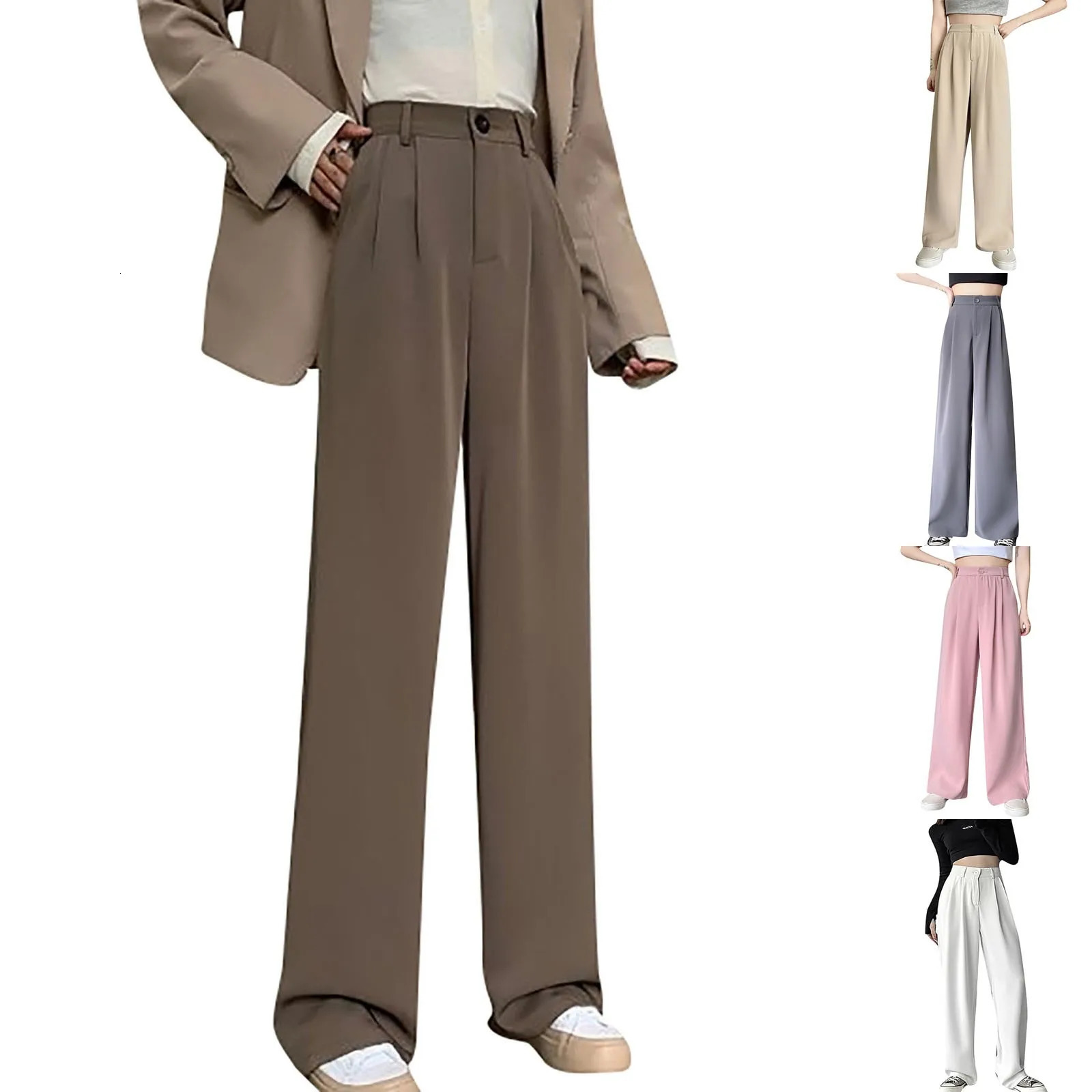 Solid Color High Waist Casual All-match Spring And Summer Daily Basic Commuting Suit Fabric Wide-leg Straight Pants For Ladies 250603