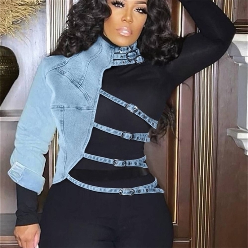 Daily Outwear Blue Mock Neck Asymmetrical Denim One Shoulder Streetwear Fashion Novelty Short Jacket Outwear Tops 250519CJ