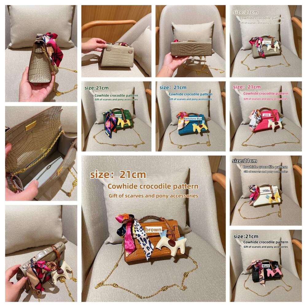 10A Crocodile Embossed Genuine Leather Crossbody Bag 7 Colors 21Cm Size Adjustable Gold Chain Strap Includes Scarf Ponyness Charm Women Fashion Handbag Small
