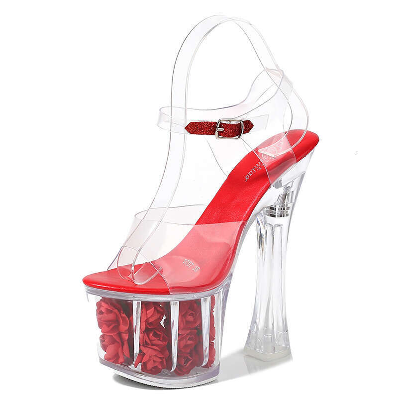 Super High Heels New Style Rose Flower Super High Heels Chunky Heel Sexy Waterproof Platform Sandals Transparent Crystal Wedding Shoes Platform High H