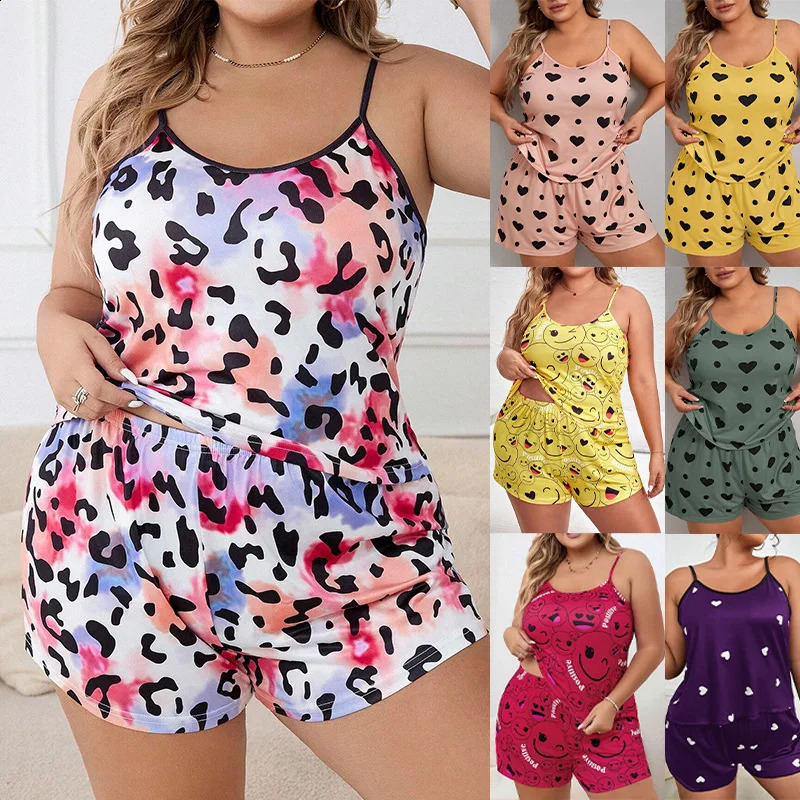 Plus Size Strap Pajama Set For Women Sexy Tank TopsShorts Suit Female XL-5XL Leisure Loose Home Clothes Printed Pattern Pajamas 250530