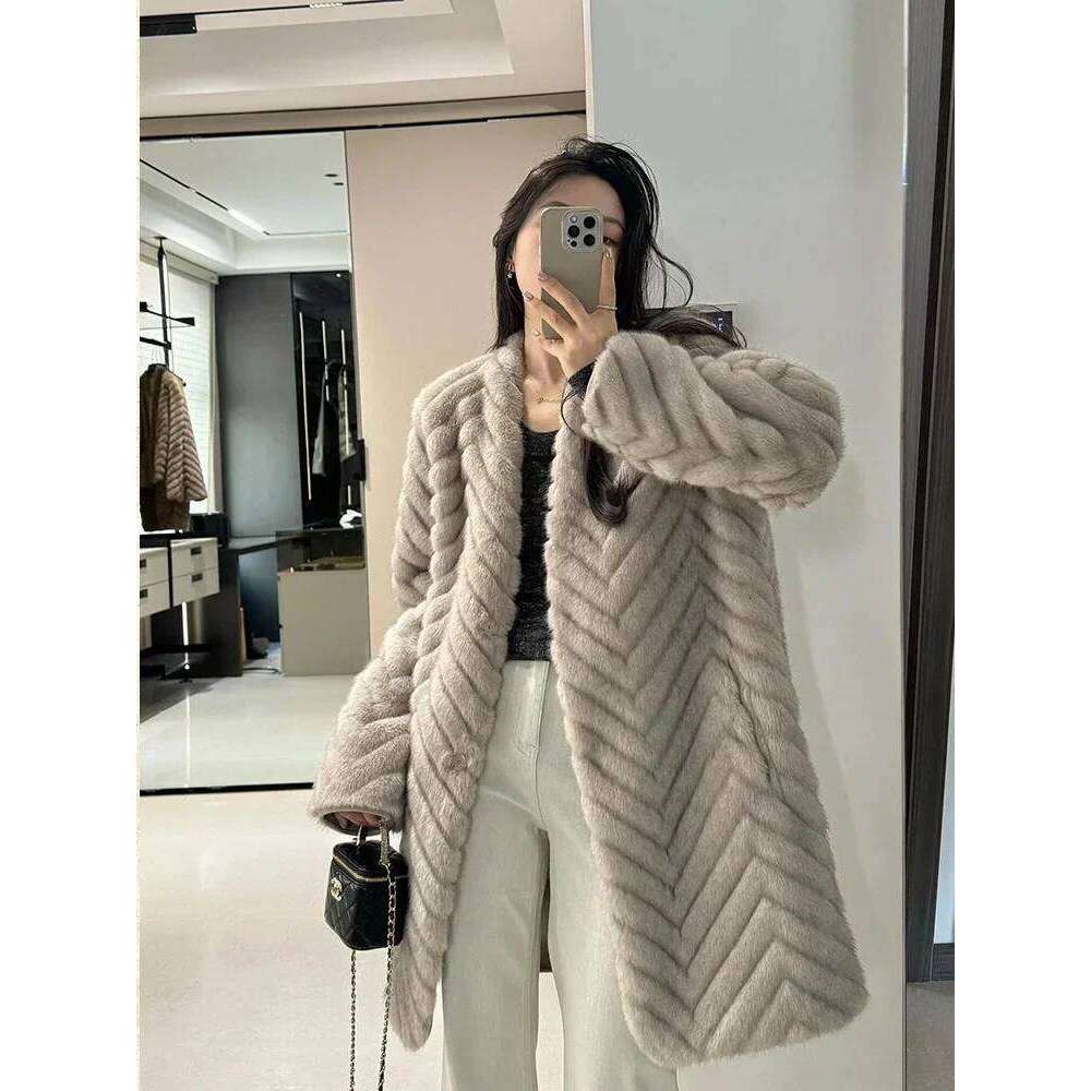 2025Winter New Faux Mink Midi Length Korean Style Eco-Friendly Fur One Piece Women's Jacket Plush Coat Overcoat