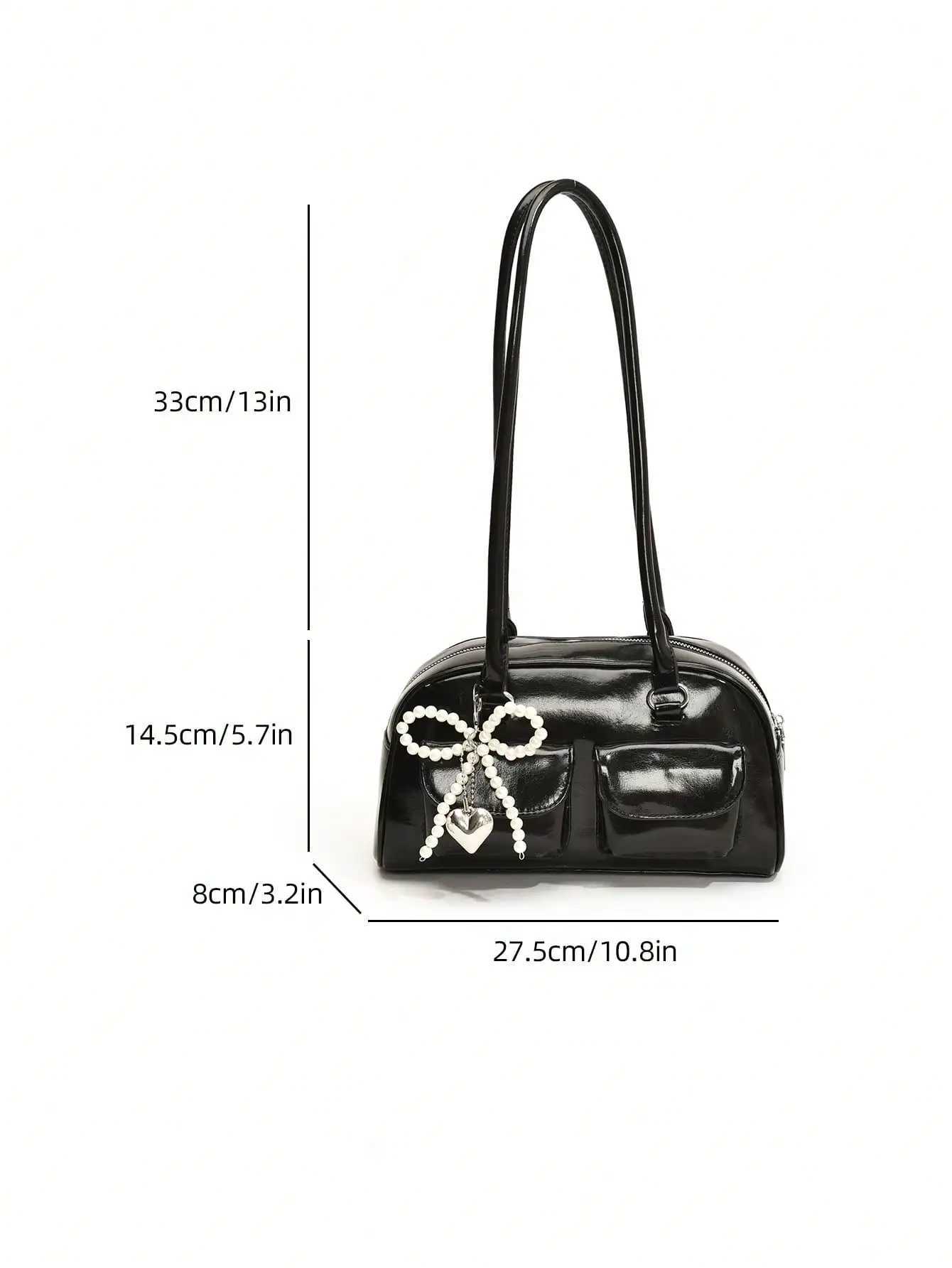 Y2K Spicy Girl Bag New black glossy patent leather underarm bag sweet pearl bow heart-shaped pendant womens simple commute Y250603