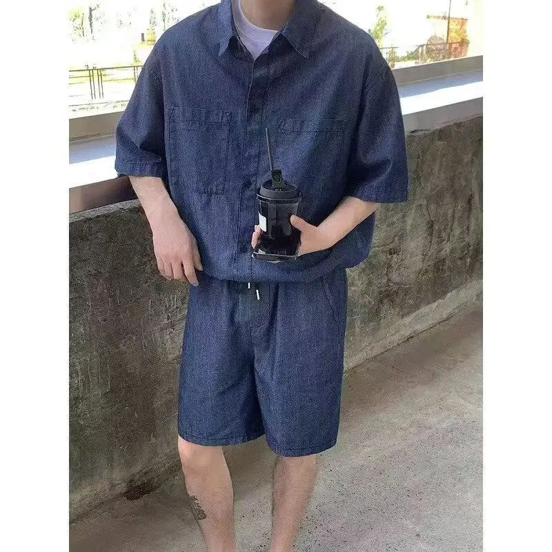 Summer Men set Retro Trendy Hong Kong-style Denim Short-sleeved Shirts Shorts Casual Sportswear Men Cool Loose suit 250603
