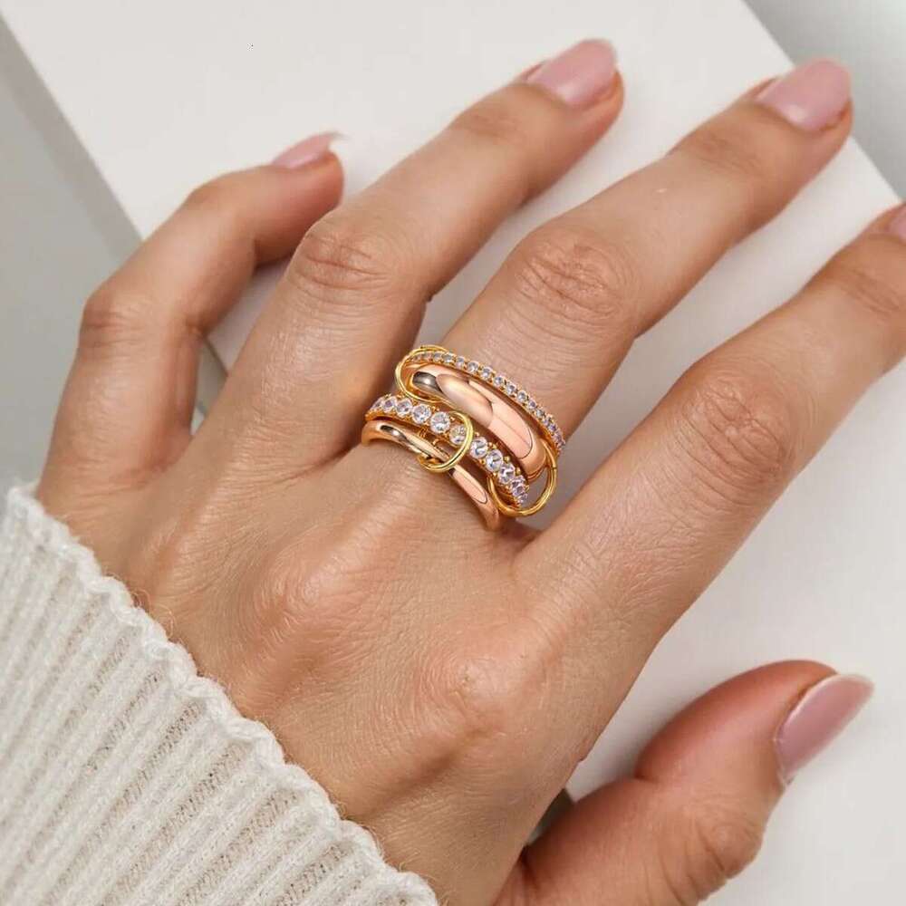 Gold-Plated Copper Four-Ring Stacking Ring with Cubic Zirconia Inlay Jewelry