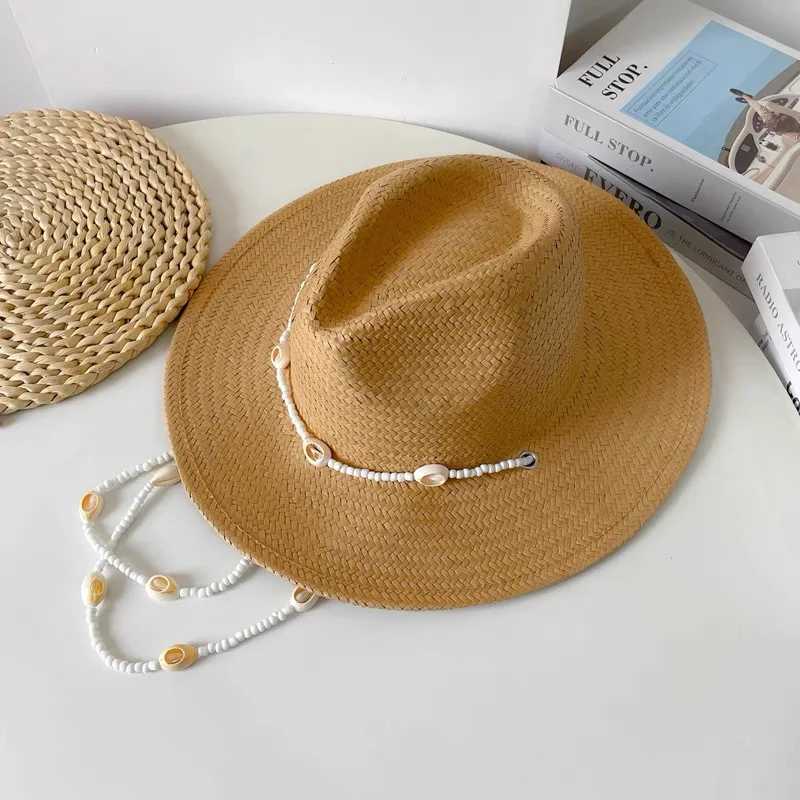 Summer Panama Hats For Women Sun Hat With Long Shell Conch Chain Straw White Black Jazz Caps Men Vintage Fedora Designer Hats W250602