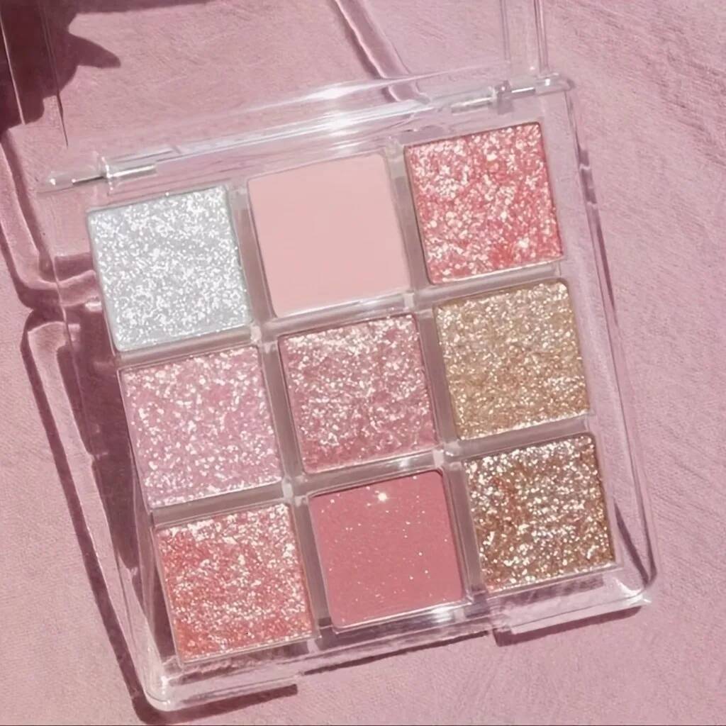 9 Color Pink Eyeshadow Palette, Waterproof, Long-Lasting, Pearly Glitter Finish
