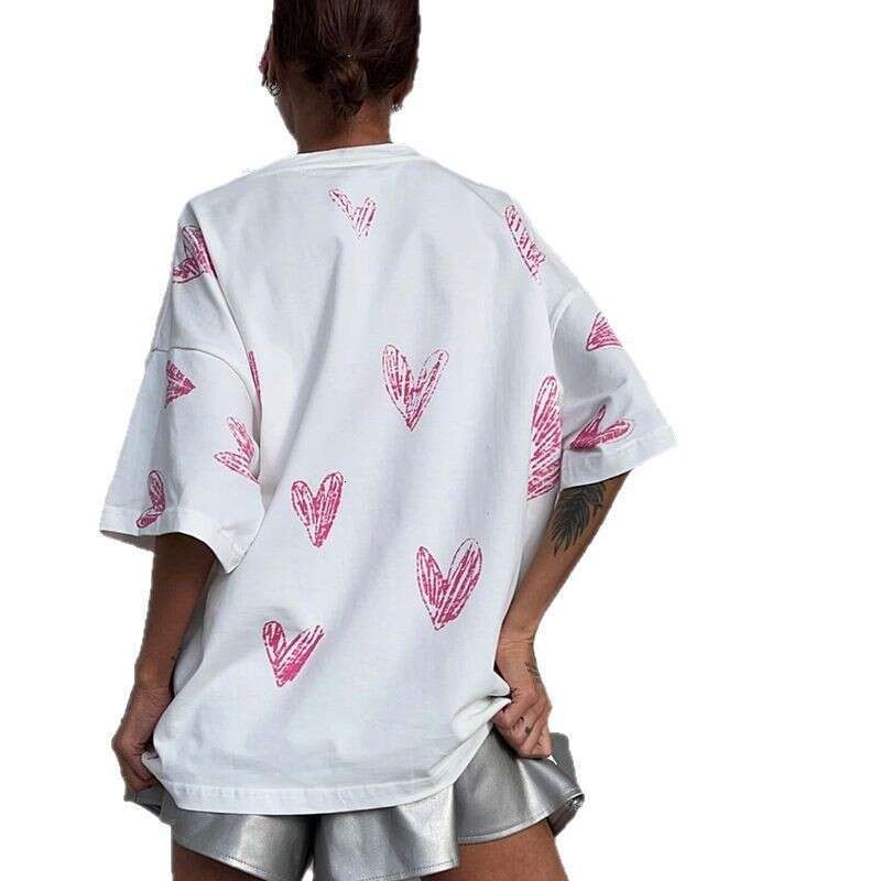 Washed Vintage Distressed Short Sleeve Spring New Heart Print Crew Neck Top For Women B5