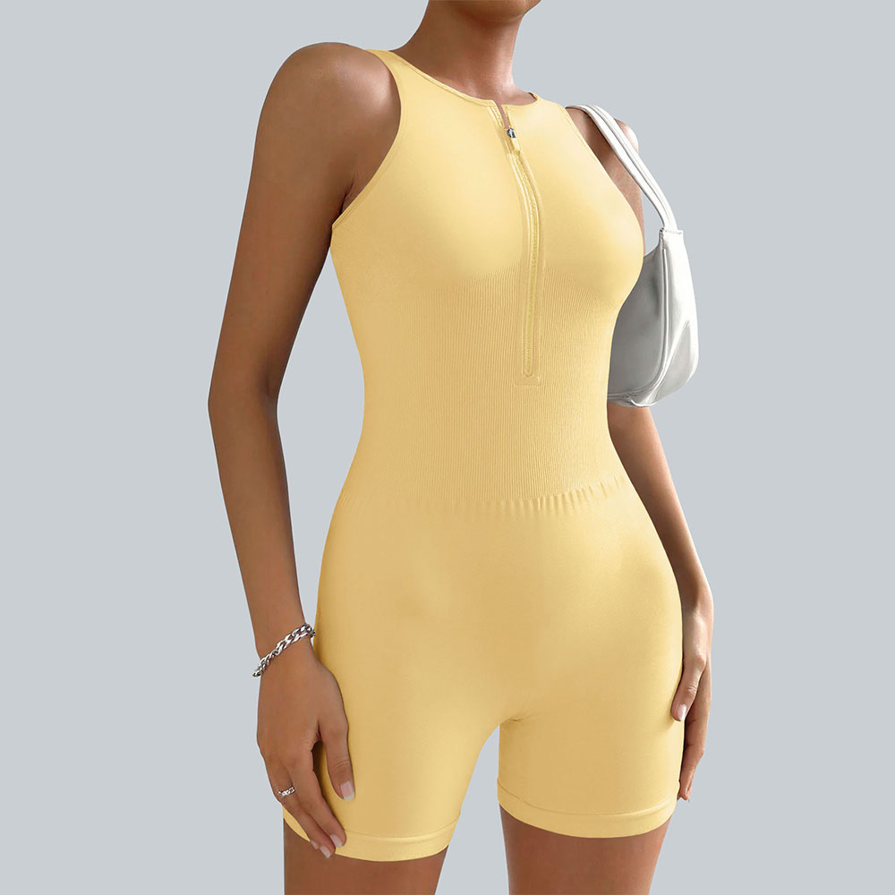 Sports Outdoor Fitness Zipper Solid Color Strap Chest Mat Short High Elasticity jumpsuit