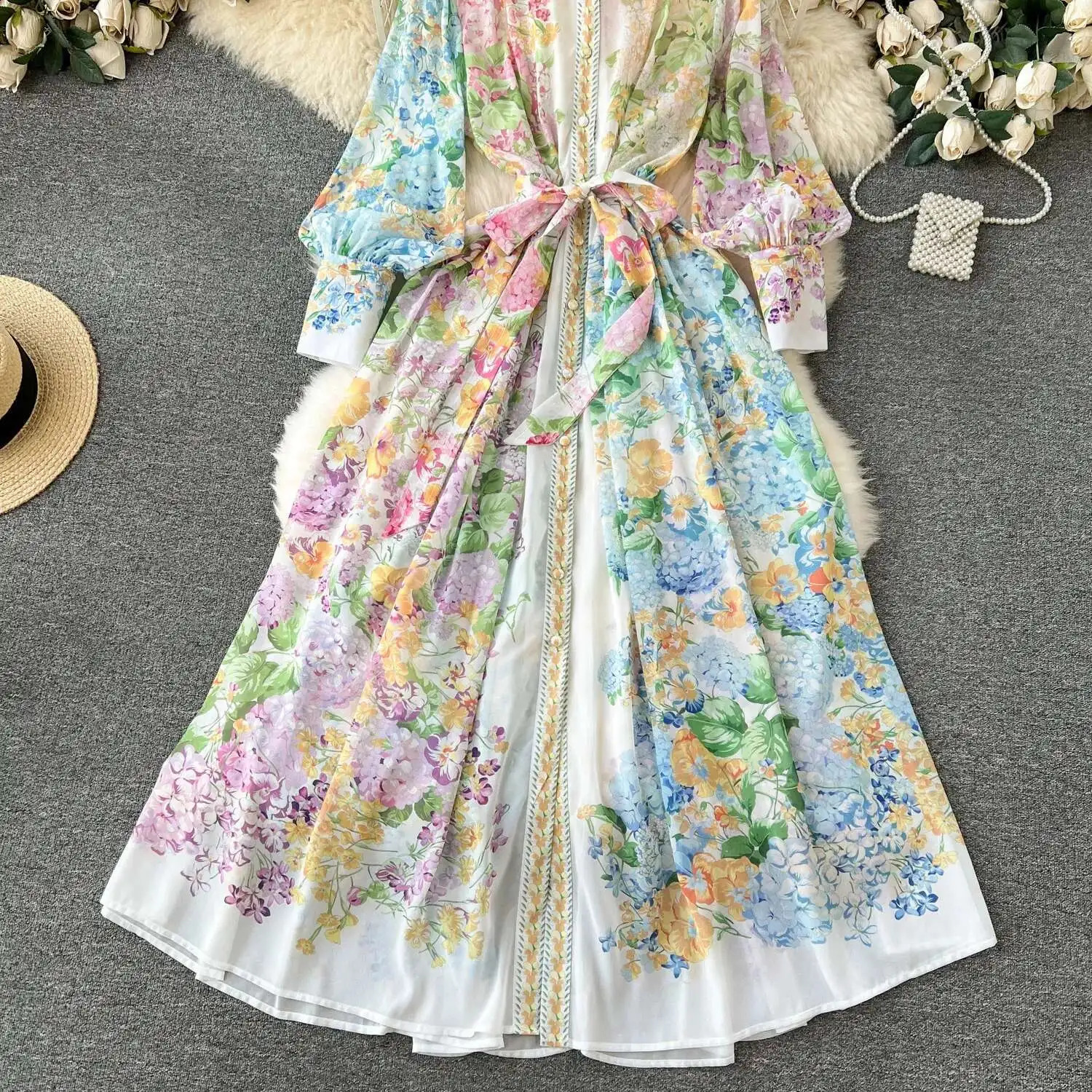 Vintage Elegant Flower Print Loose Long Sleeve Maxi Dress Shirt Women Single Breasted Fashion A Line Style Midi Vestidos 250530