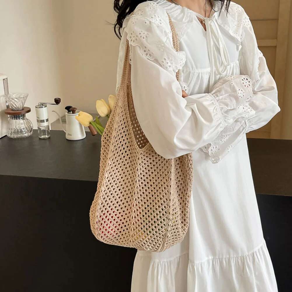 2025 New Women's Knitted Shoulder Bag Large Capacity Knitted Underarm Bag Solid Crochet Hook Handbag Designer Summer Mesh Beach Bag