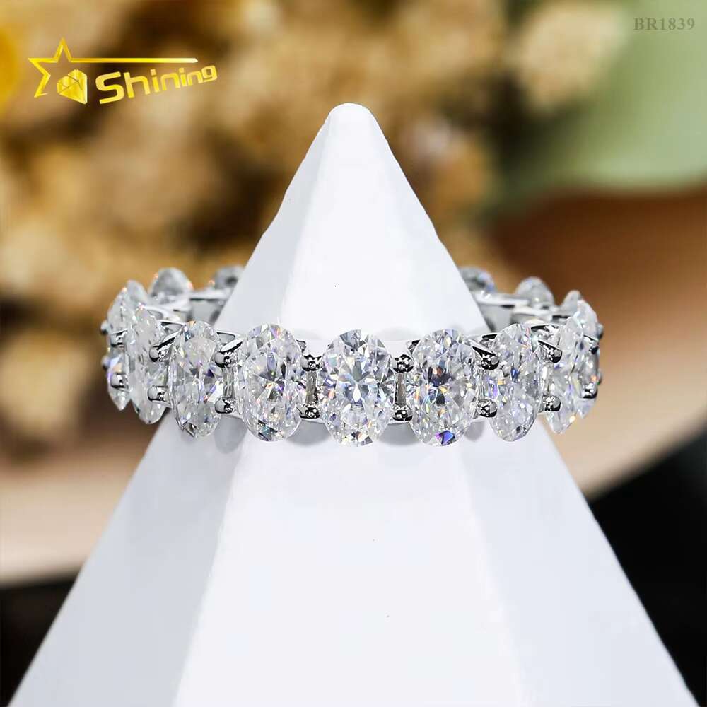 Elegant 925 Silver Gold Plated Women Jewelry Fully Iced Out Classic Oval Cut Eternity Moissanite Diamond Band Ring