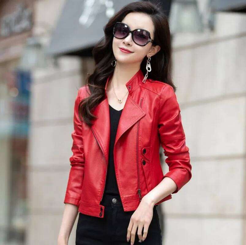 2023 New Women Genuine Leather Jacket Autumn Winter Fashion Moto&Biker Style Outerwear Stand Collar Short Sheepskin Coat