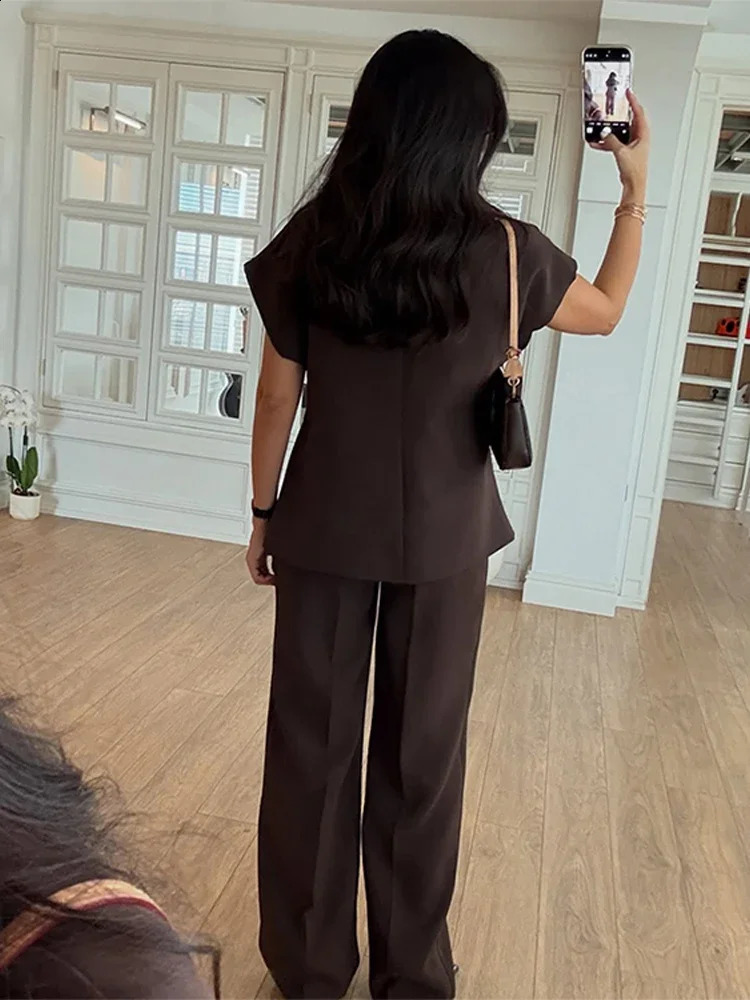 Womens Trouser Suit Solid Single Button Blazer High Waist Wide Leg Pants Female Suits 2025 Spring Summer 2 Pieces Outfits 250530