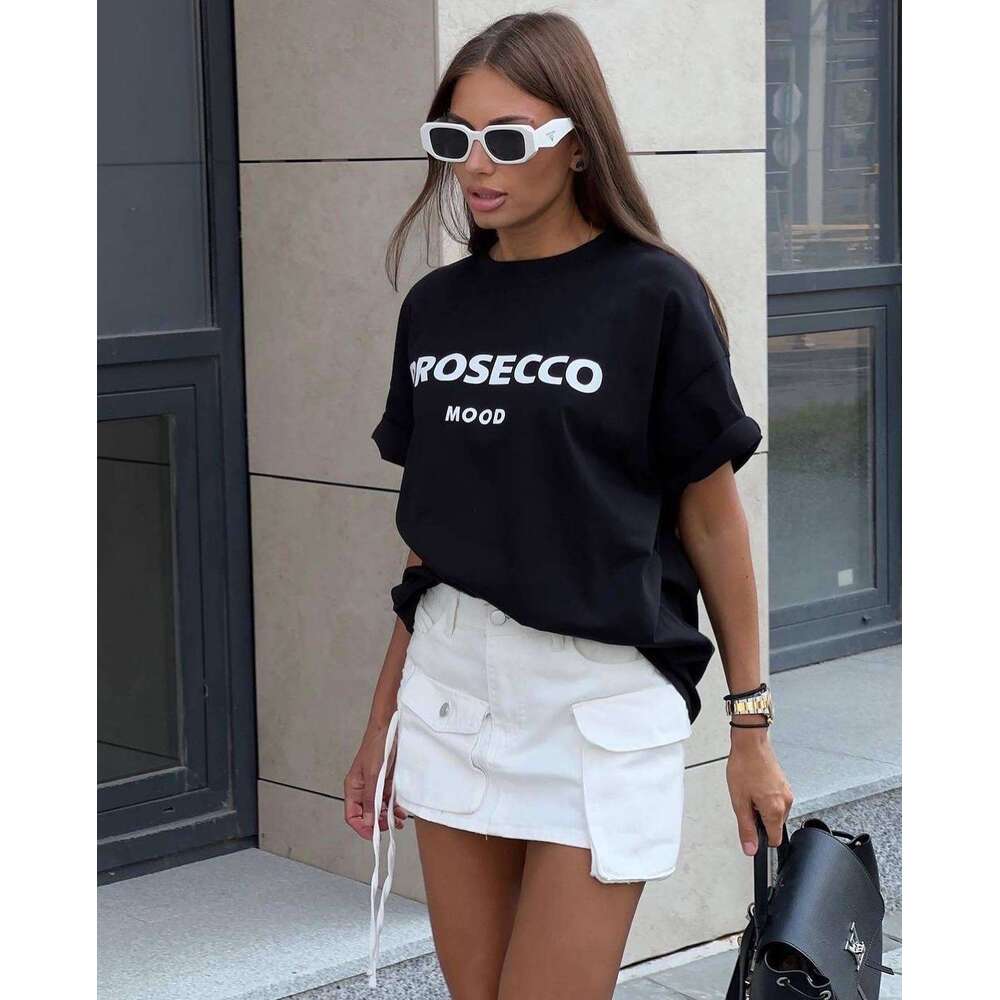 Ins Style Simple Letter Print Drop Shoulder Round Neck Pullover Top Spring Summer New Oversize Short Sleeve T-Shirt B5