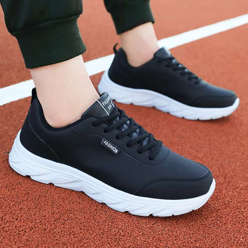 Men Sneakers Black Lace Up Athletic Male Leather Casual Sport Flat Trendy Lightweight Walking Running Fiess Shoes