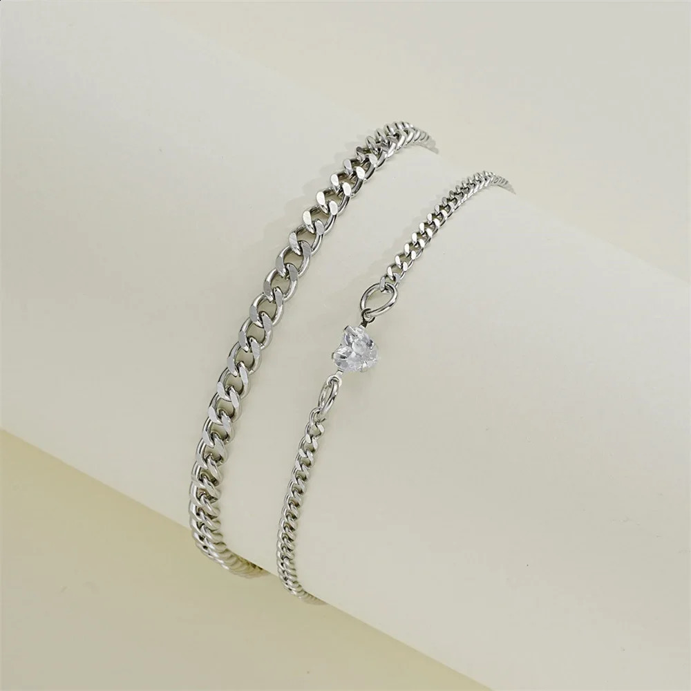 2Pcs 925 Sterling Silver Chain Bracelet Set for Women Men Simple Crystal Heart Adjustable Couple Bracelets Couple Jewelry Gifts 250528