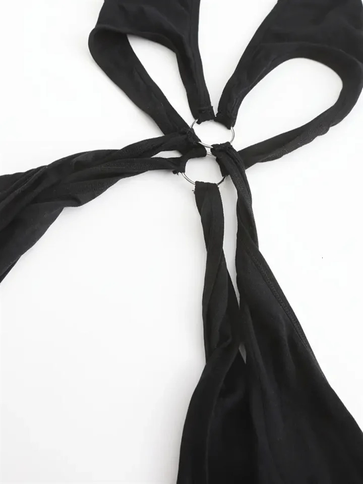 Mesh Deep V Halter Backless Bodystocking Ring Linked Hollow Out Open Crotch Bodystocking Womens Sexy Lingerie Underwear 250603