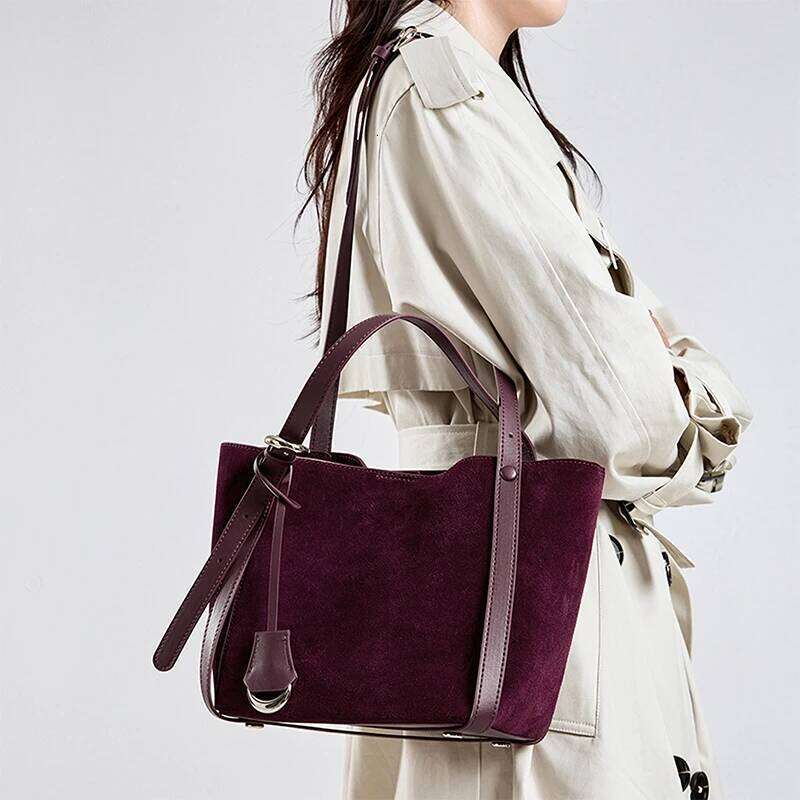 Women's Brushed Genuine Leather Shoulder Vintage Suede Red Bucket Large Capacity Handbag With Cosmetic Bag 2025