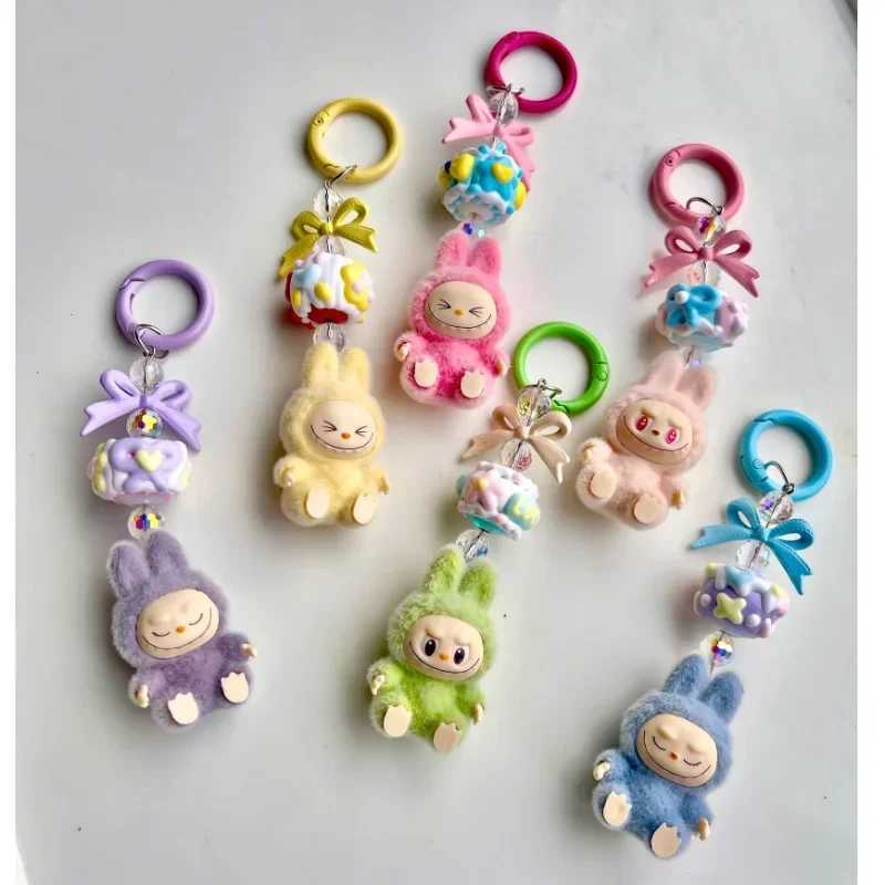 LABUBU Kawaii Mini Keychains Flocking Backpack Pendant Key Chain Small Feet Pendant Doll Cute Backpack Pendant Gifts for Girls XJ250602