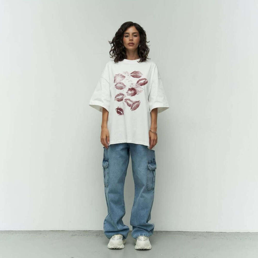 Spring Summer New Lip Print Short T-Shirt Women Pure Cotton Round Neck Pullover Top Drop Shoulder Sleeve Women's Fashion B5