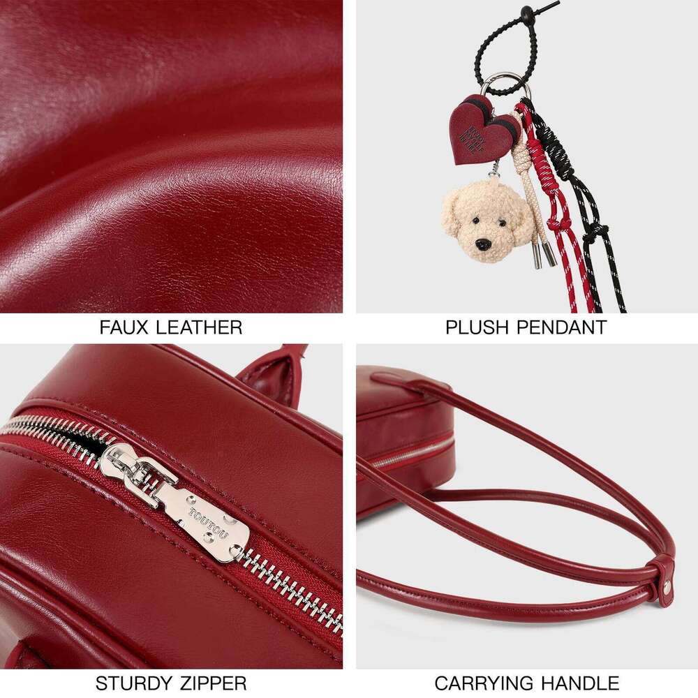 TOUTOU Red Bowling Bag for Women Dog Rope Pendent Boston PU Underarm Handbag 25cm Shoulder Strap 8.3 Inch Laptop Valentine Gift