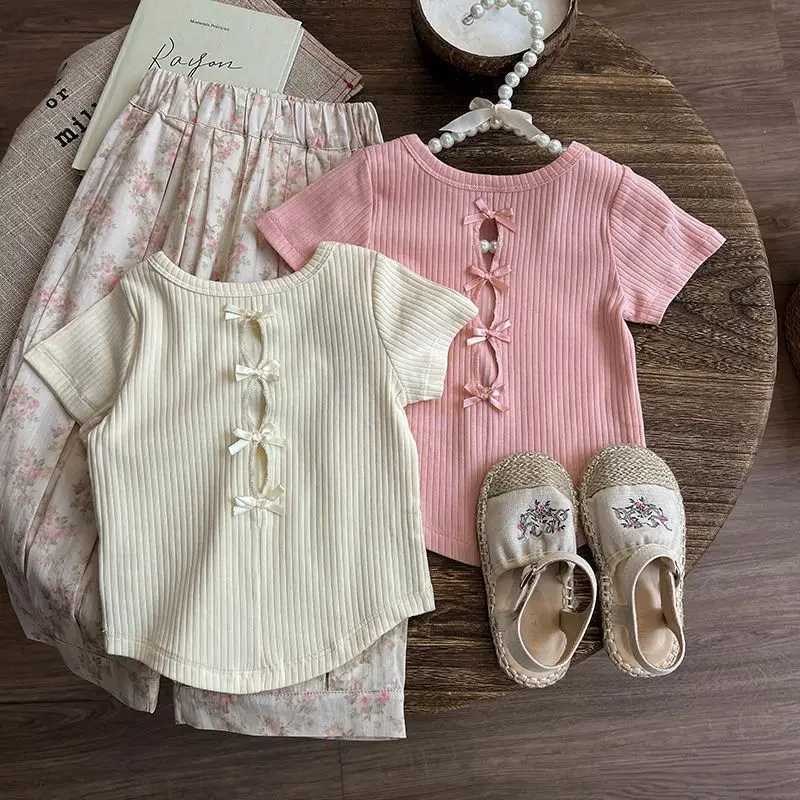 2-10Y Girls Summer Shirt Hollow Bow New Knitted Short Sleeve Versatile Sweet and Cute Simple Top Round Neck Childrens T-shirt T250603
