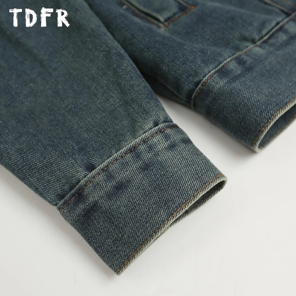 Retro Spliced Denim Jacket Mens Little Bear Embroidery Washed Distressed Streetwear Lapel Single Breasted Long Sleeve Outerwear 250529