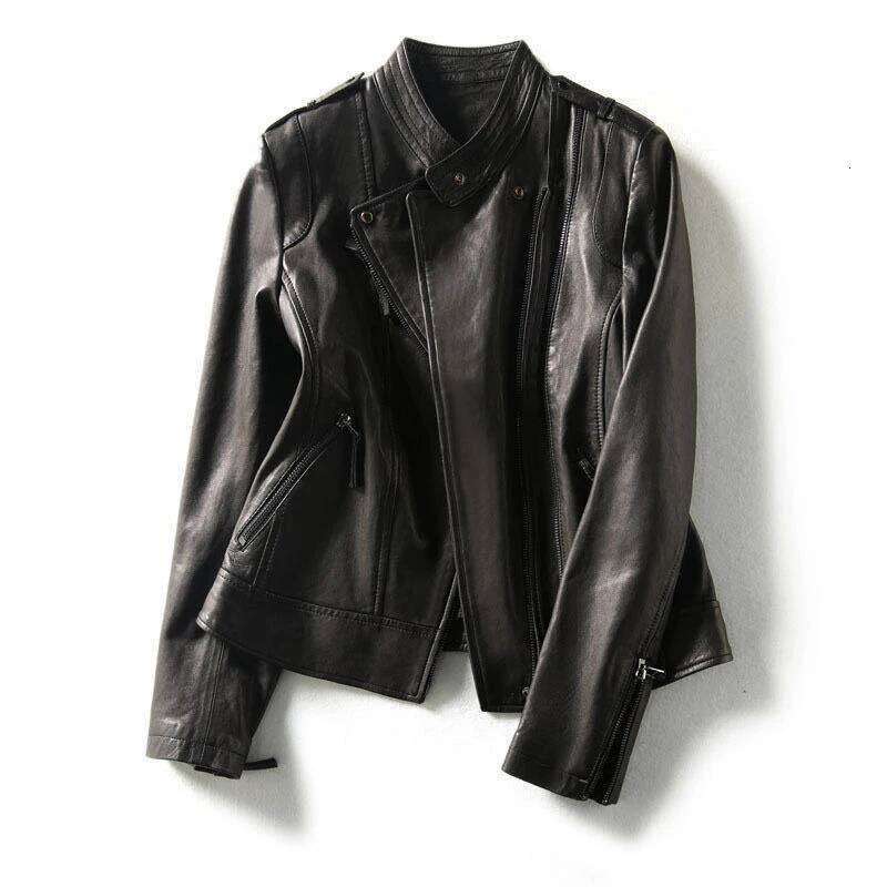 S-3XL Women's Real Leather Jackets Fashion Stand Collar Short Slim Diagonal Zipper Female First Layer Sheepskin Black Coat Tops