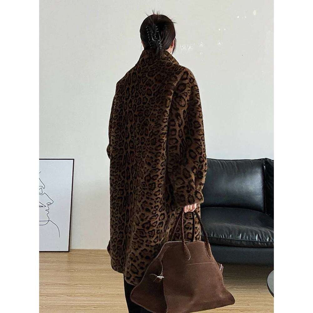 Winter Women Imitation Leopard Print Jackets Long Faux Fur Coat Fabric Thick Warm Outerwear Oversize Streetwear Coats