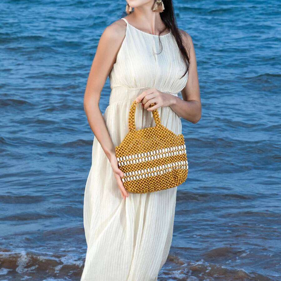 Summer Wooden bead totes holiday beach hollow out bag Leisure travel handbag hand woven patchwork clutch purses for woman party