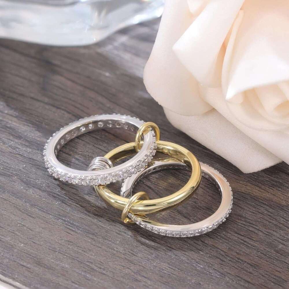 New Stacked Cubic Zirconia Titanium Steel Thick High Gloss Gold and Silver Double Ring