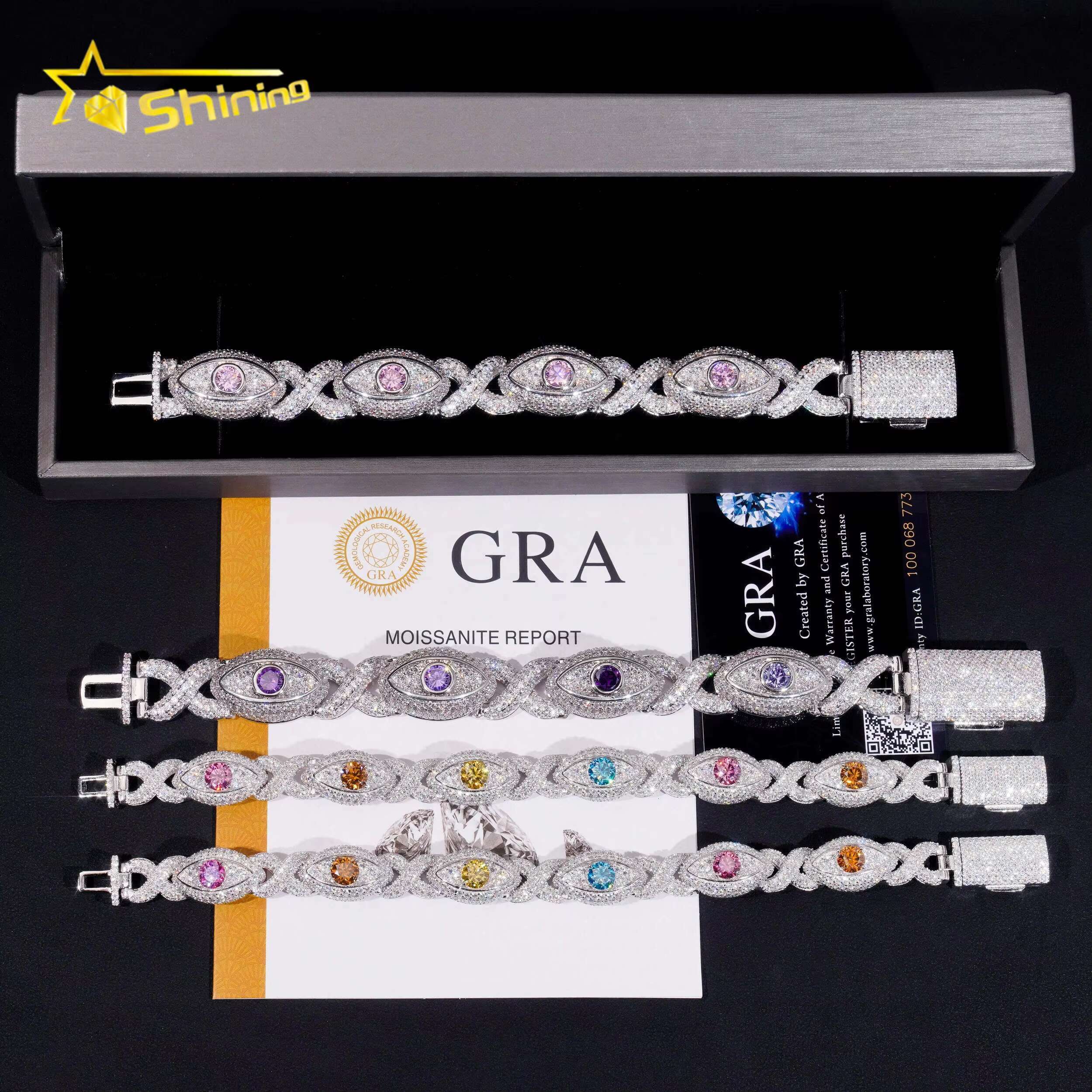 Solid 925 Sterling Silver Pass Diamond Tester Hip Hop Jewelry Custom Infinity Colored Moissanite Cuban Bracelet Cat Eye Bracelet