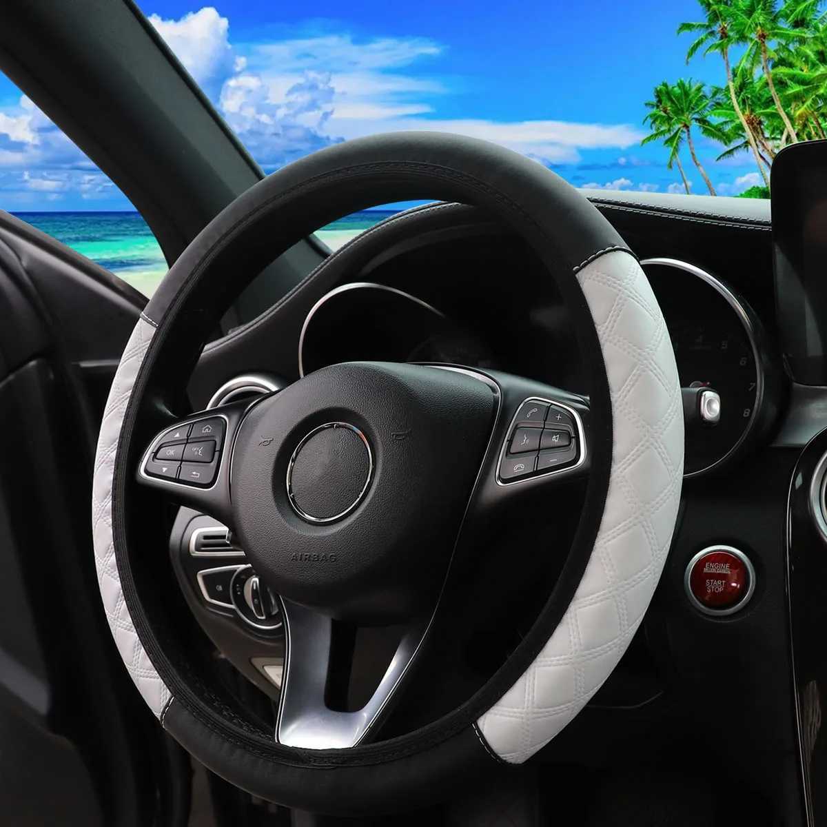 Simple PU leather black red color matching four seasons general elastic car steering wheel cover for 14.5-15 inches for women R250603