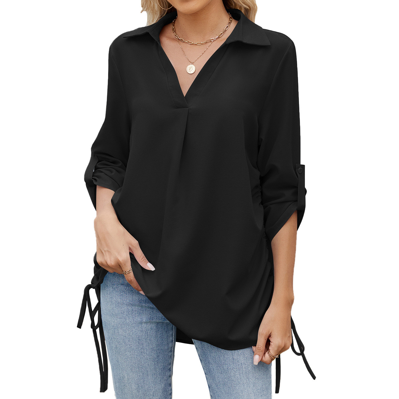 Luxury Designer Clothing European And American Solid Color Lapel Loose Middle Sleeve Chiffon Women's Shirt 2025 New Designer T-shirt