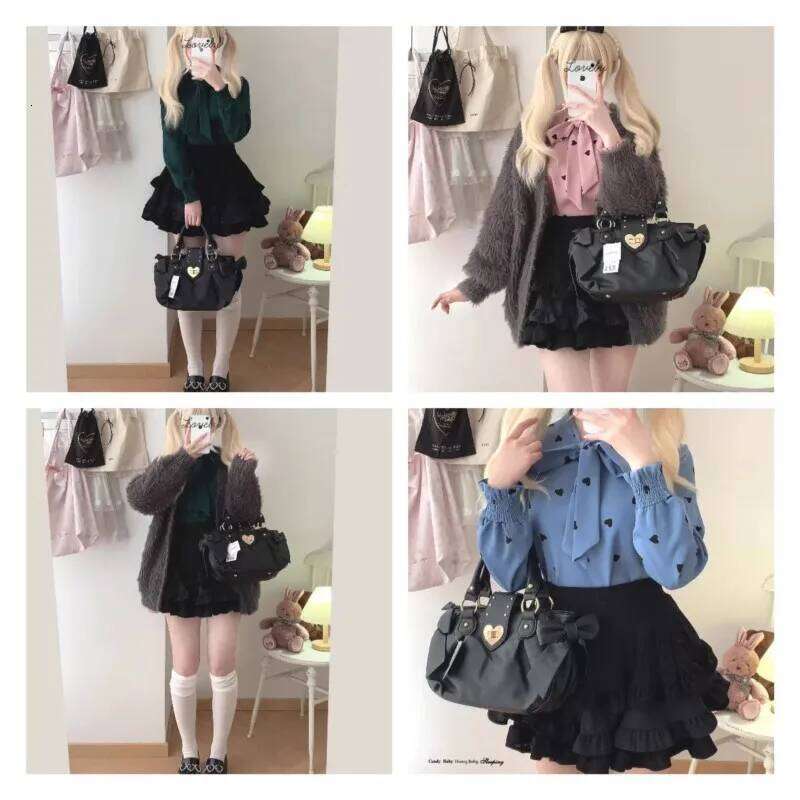 Sweet Bow Lolita Pink Hand Purse Women Haruku Love Heart Soft Crossbody Lady Kawaii Large Capacity Shoulder Bag Female