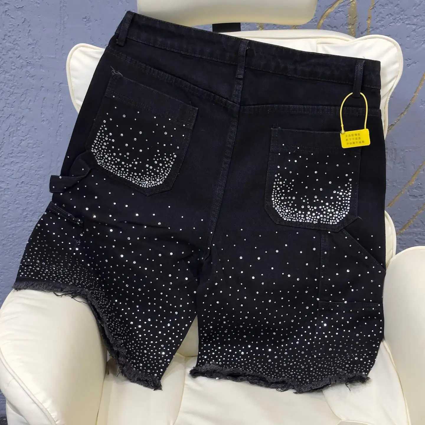 Mens and Womens Vintage Rhinestone Sequin Denim Shorts Y2K Jeans Hip Hop Retro Sports Shorts Low Waist Casual Shorts Streetwear T250603