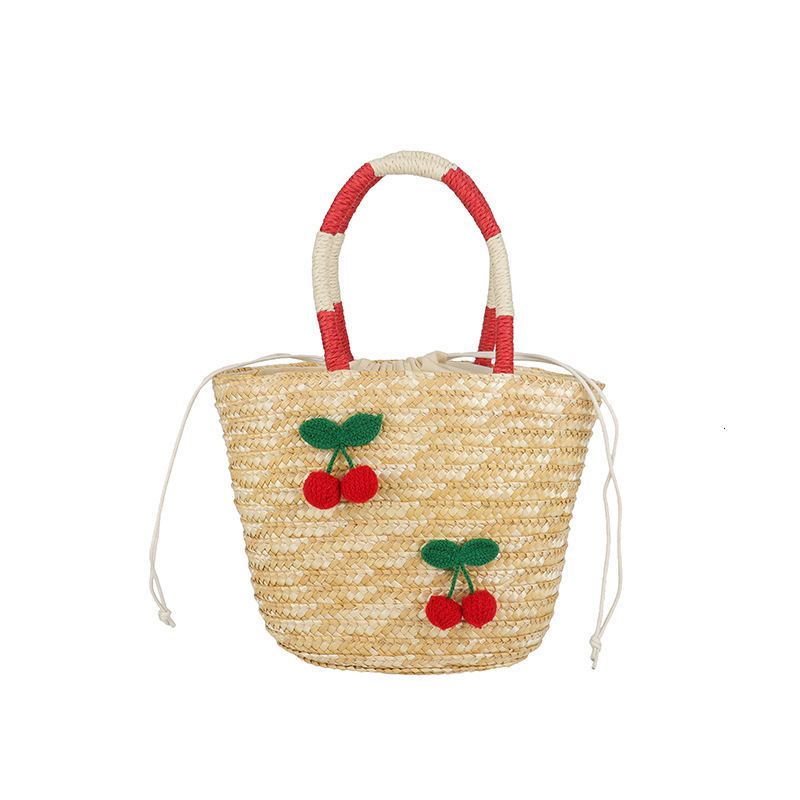 designer Cherry Straw Woven Handbag for Women Cute Beach Vacation Beach Bag Hollow Woven Crossbody Bucket Bag