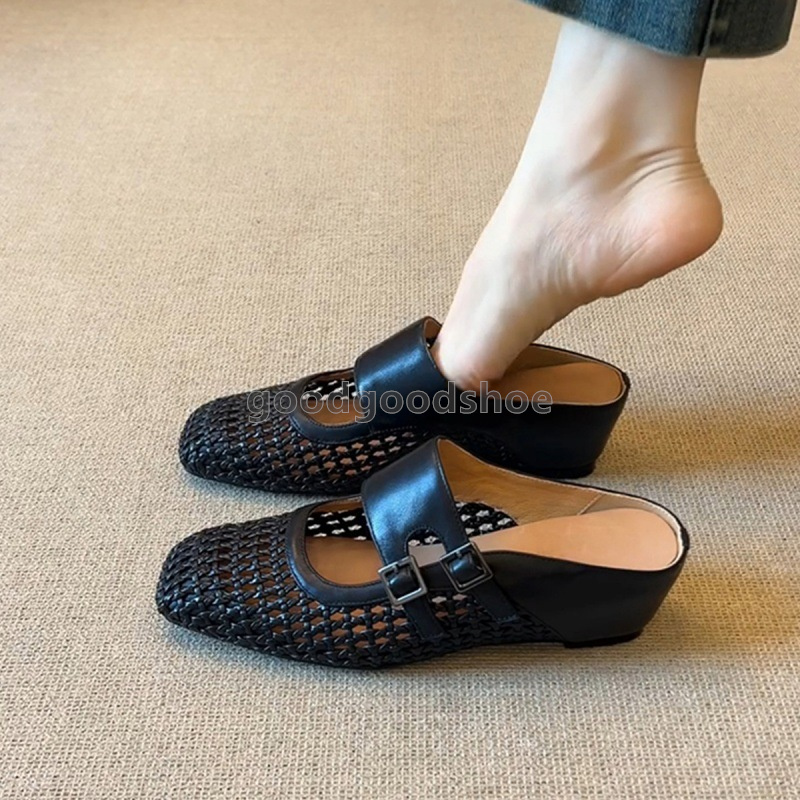 designer sandals retro heels half slippers women square head woven breathable hollowing sandal black white sandale elegant daily walk med heel women s