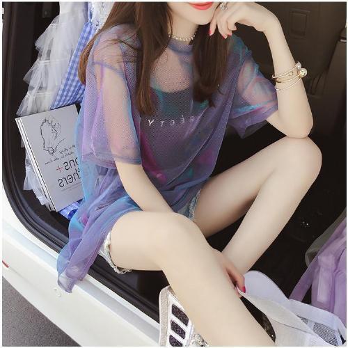 2025 Spring/Summer New Women's T-shirt New Single Piece Set Available Shiny Mesh Short Sleeve T-shirt Women's Fashion Vest Summer Loose Desi