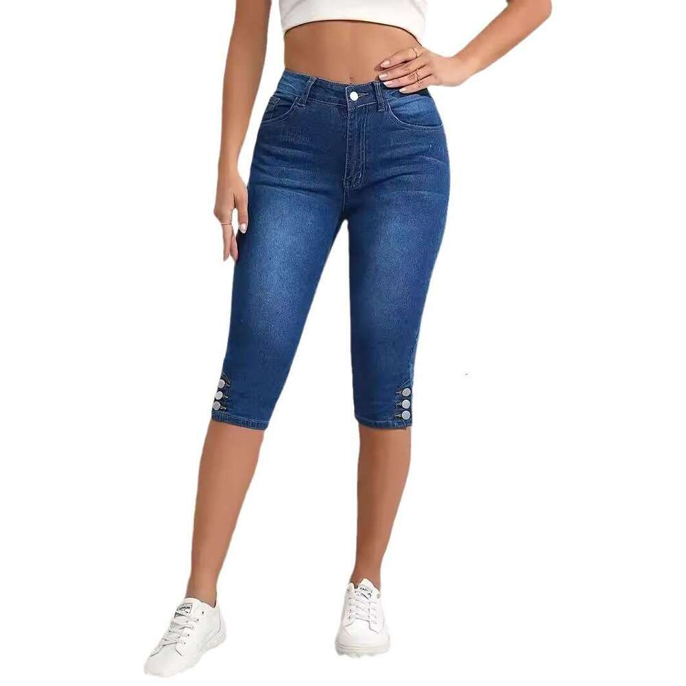 Denim Shorts Jeans Shorts Summer Jeans With Button Design Solid Color Stretchy Street Fashion High Waist Casual Tight Fitting Five Point Pants Ripped 