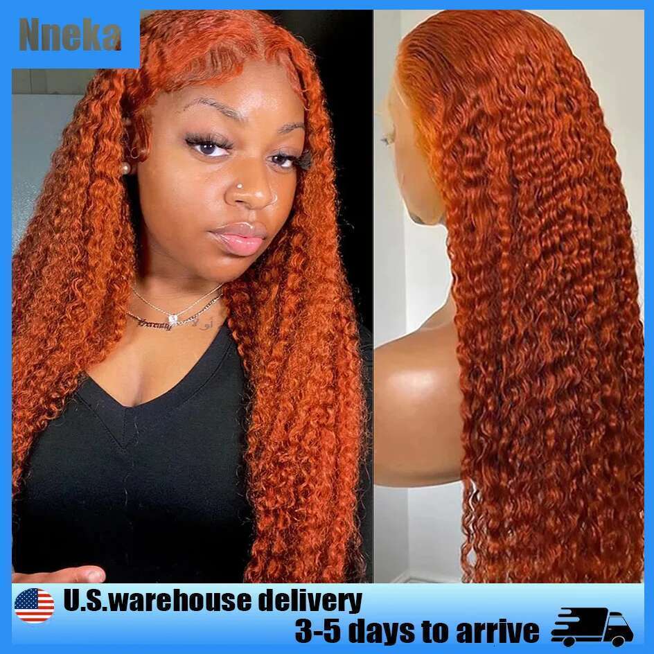 200 Density Ginger Orange Curly 13x4 HD Frontal Human Remy Hair Colored Transparent Deep Wave 13x6 Lace Front Wig For Women
