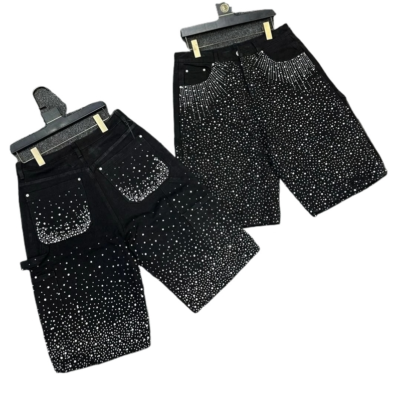 Gothic Retro HipHop Flash Diamond Black Denim Shorts Mens Y2K Trend Harajuku Casual Joker Sweatpants Street Wear 250522