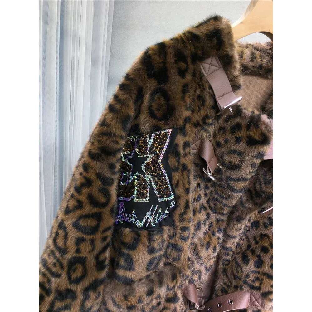 2024 New Autumn Winter Leopard Jacket Women Hot Drilling Stand Collar Loose Cardigans Coat All-match Faux Fur Overcoat