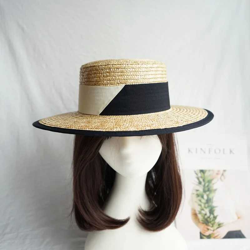 Retro Style Straw Hat Wide Brim Sun Hat Women Summer Boater Hats with Black White Ribbon Band Flat Top Church Derby Travel Hat W250602