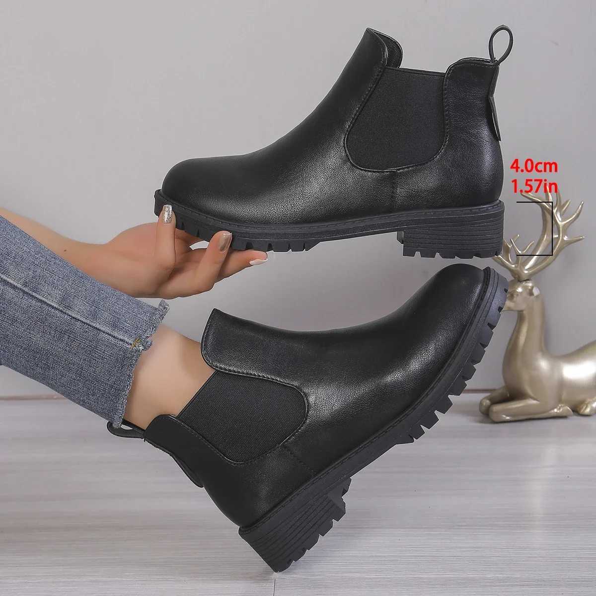 Womens Casual Chelsea Ankle Boots Round Toe Black PU Leather Short Boots Woman Comfort Low Heels Slip On Botas De Mujer 2024 XJ250602