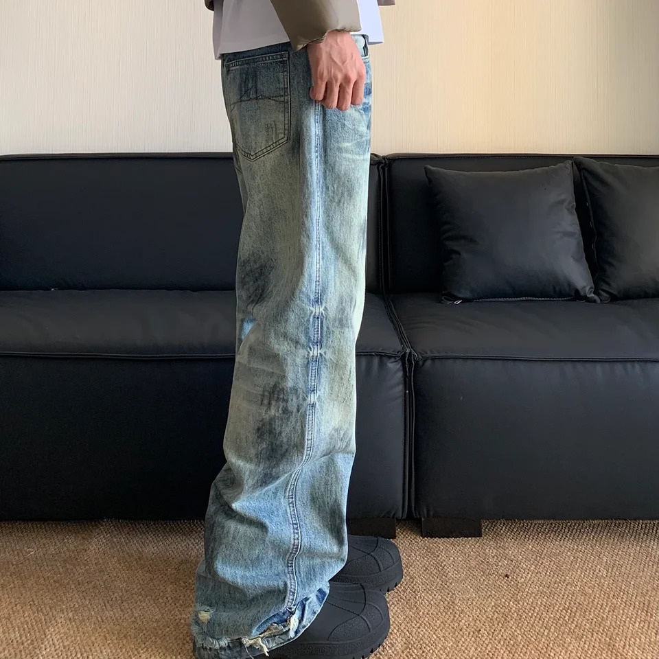 Y2K Splash Ink Jeans Men Baggy Wide Leg Jeans American High Street Washed Stretch Soft Straight Denim Cargo Pants Trousers 250603